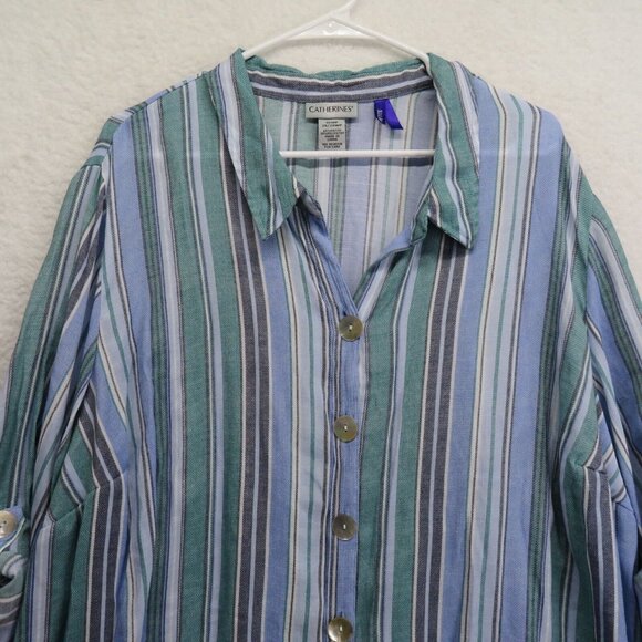 Catherines Shirt Womens Size 3X Stripe Blouse Blue Green Roll Tab Sleeves - Picture 2 of 8